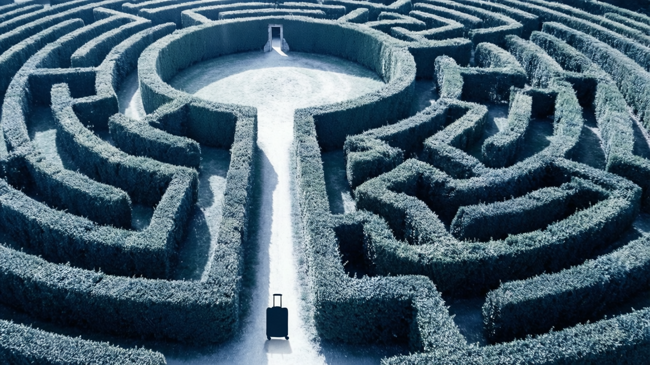 Aerial view of a hedge maze with three branching paths representing the UK Statutory Residence Test