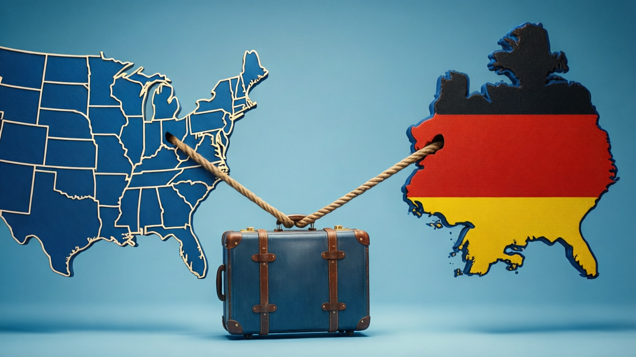 Germany and USA silhouettes pulling a suitcase in opposite directions — dual tax residency conflict