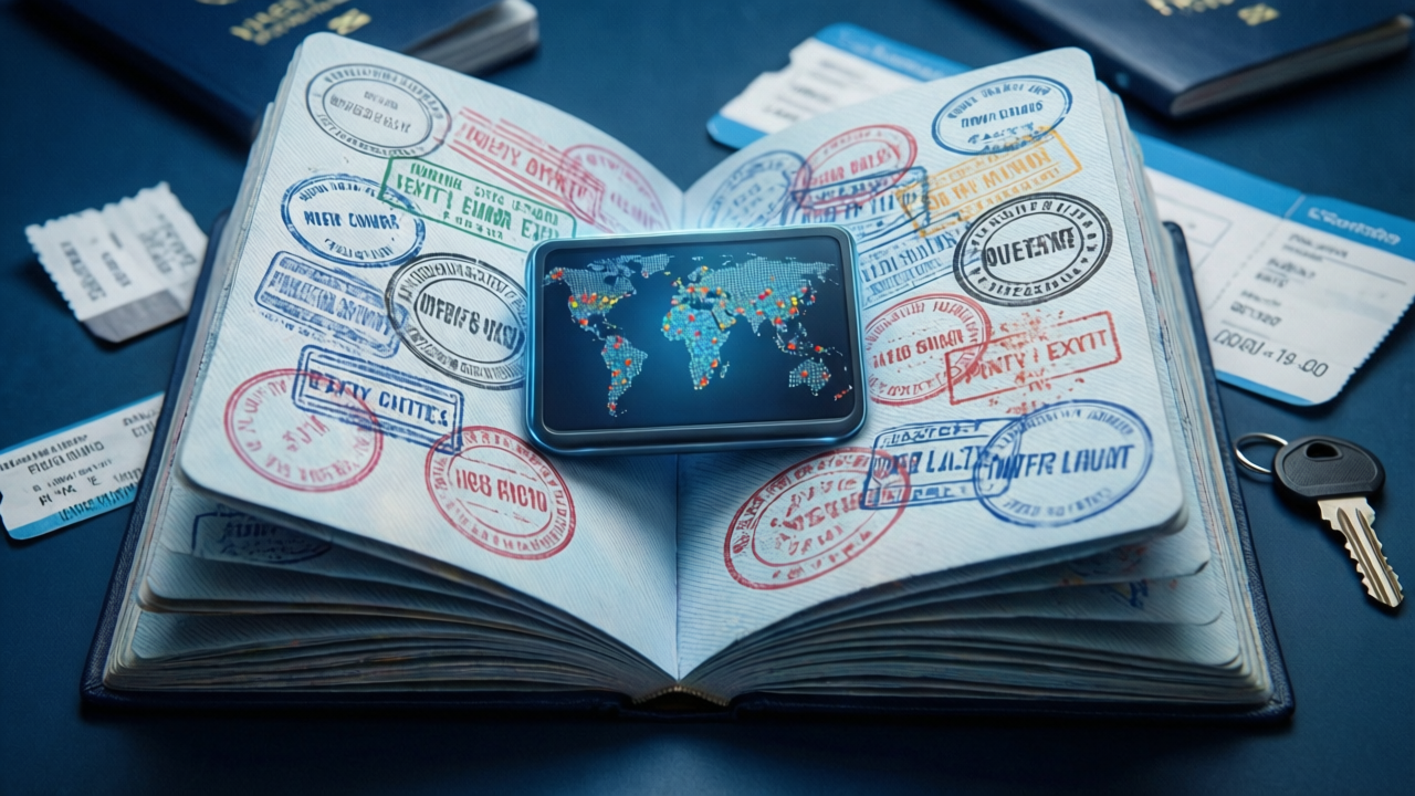 Open passport covered in entry and exit stamps alongside a digital day-tracking screen