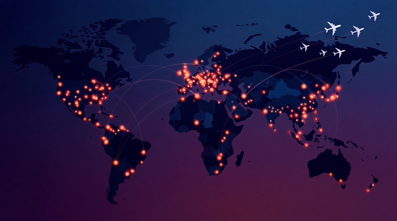 World map with highlighted low-tax countries — UAE, Georgia, Panama, Paraguay, Cyprus — connected by flight paths