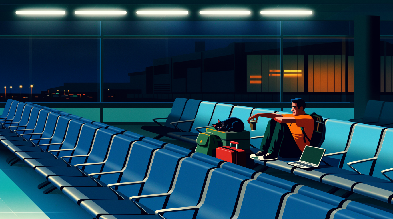 A worn-out traveler surrounded by suitcases and open laptops at an airport, looking exhausted — the perpetual traveler trap