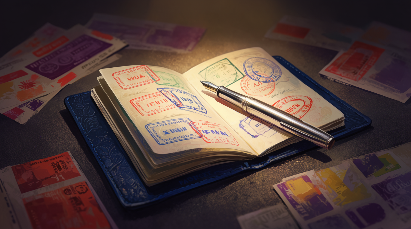 Open passport with entry stamps and a fountain pen — the paper trail of international tax residency
